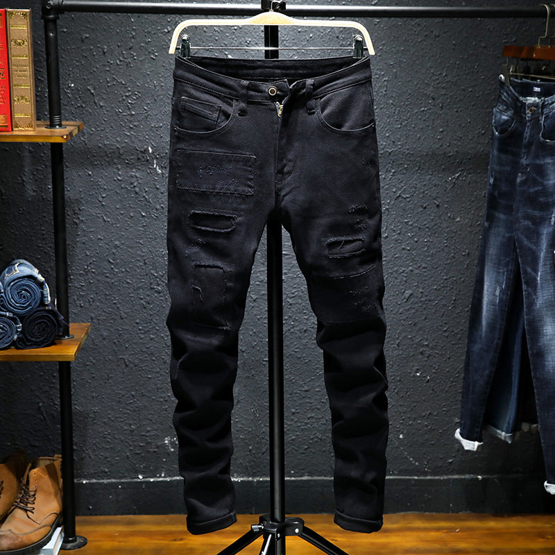 Spring And Summer New Jeans Pure Black Ripped Stretch