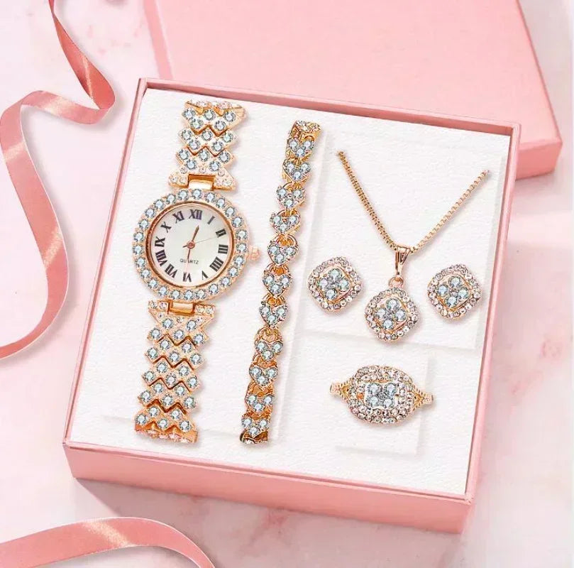 Fashion Luxury Full Crystal 5 Pcs Watch t for Women