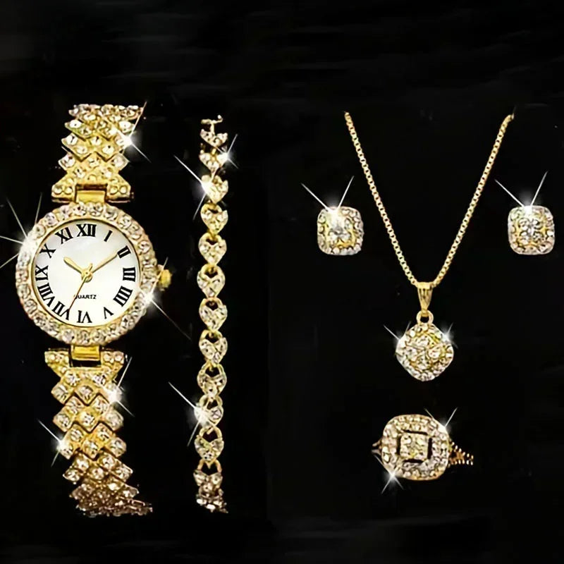 Fashion Luxury Full Crystal 5 Pcs Watch t for Women