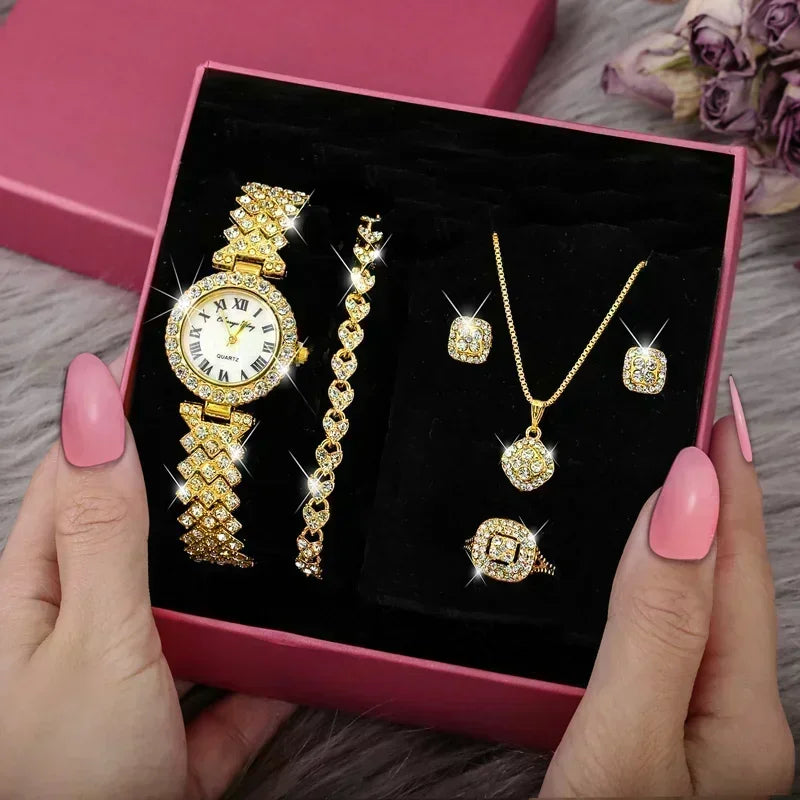 Fashion Luxury Full Crystal 5 Pcs Watch t for Women